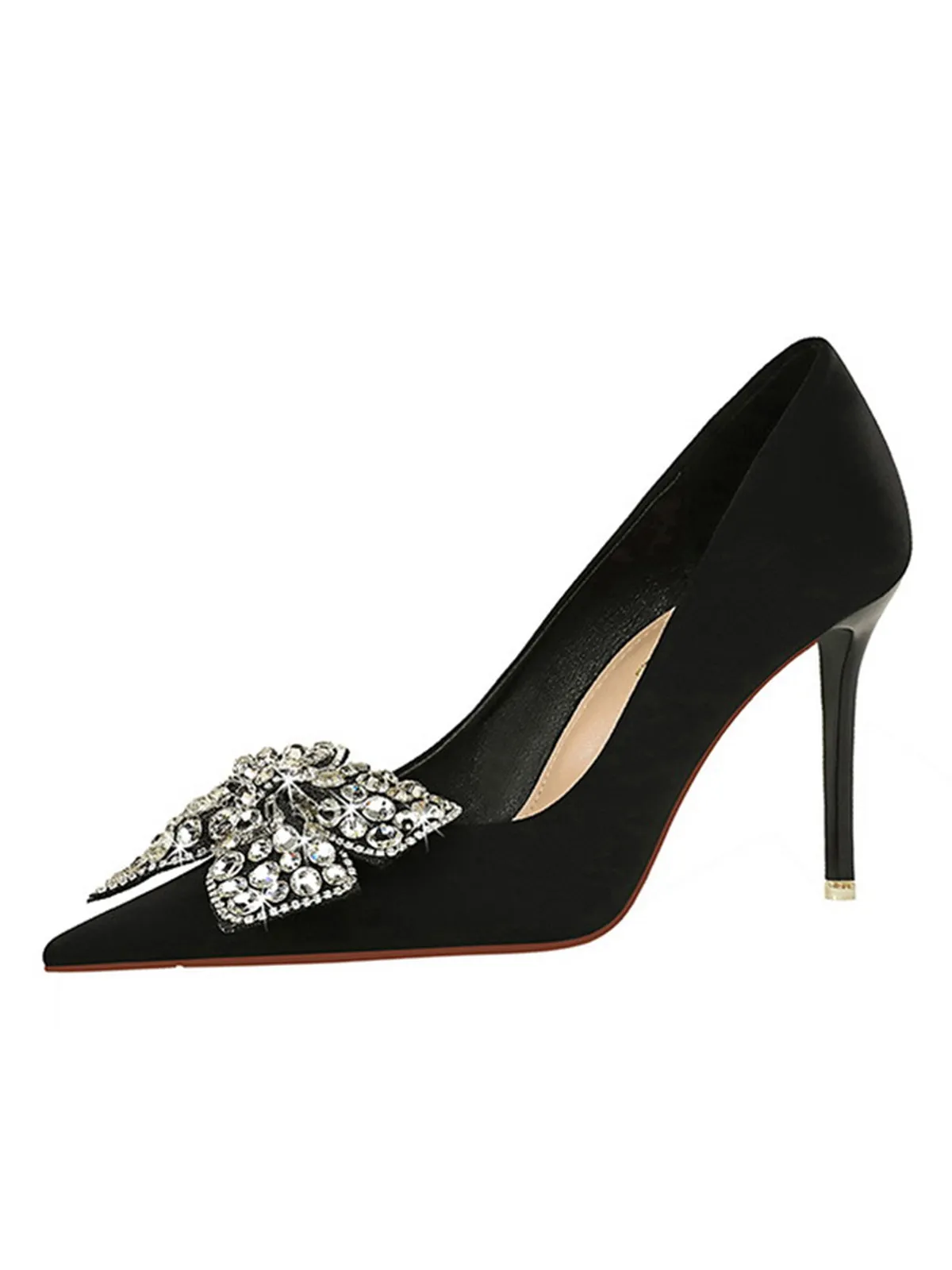Black Rhinestone Satin Pointed Toe Stiletto Heels sold by Retro Stage product image thumbnail 2