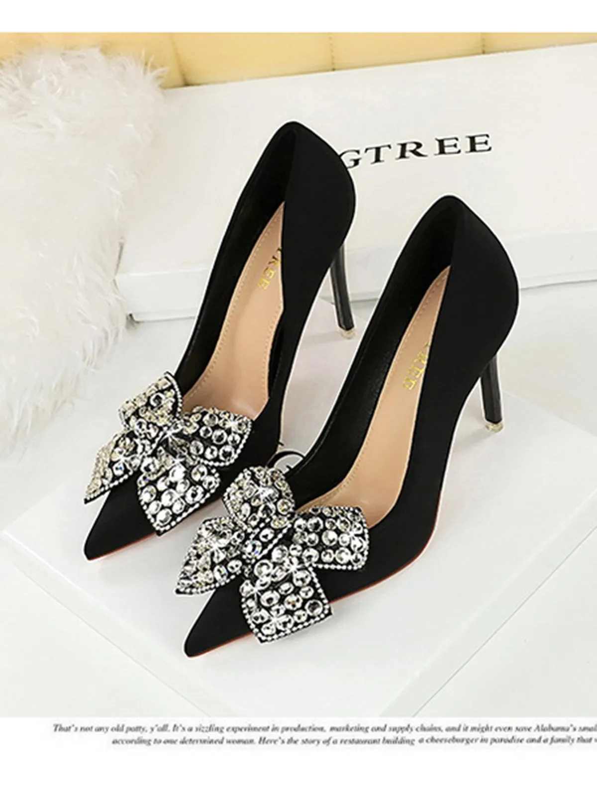 Black Rhinestone Satin Pointed Toe Stiletto Heels sold by Retro Stage product image thumbnail 4