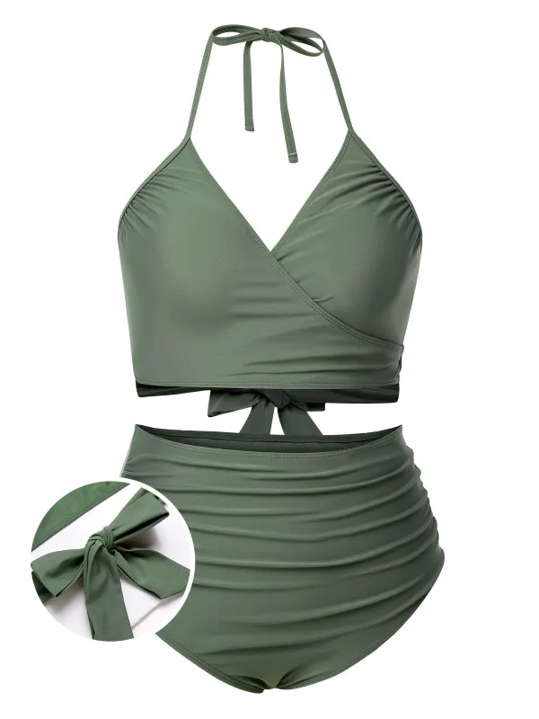 [Plus Size] Green Grey 1930s Halter Strappy Tankini Swimsuit sold by Retro Stage