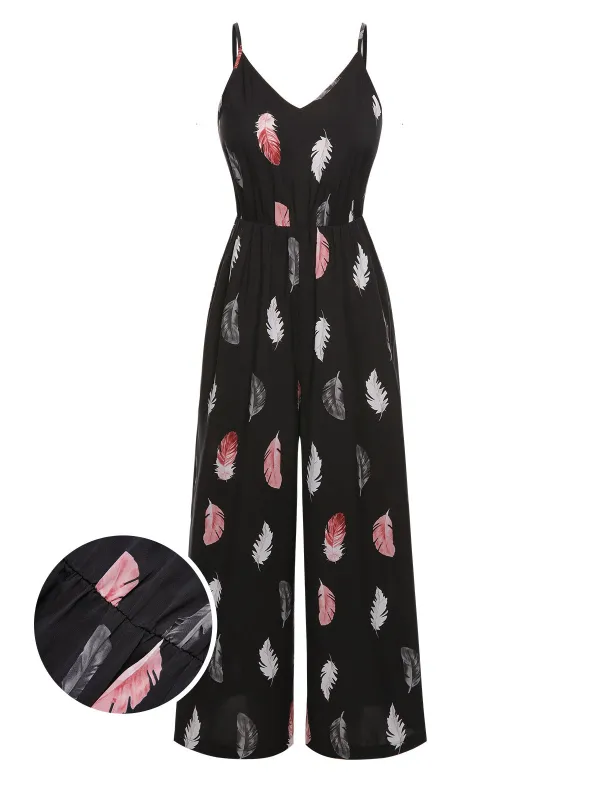 Black 1930s Feather Print Spaghetti Strap Jumpsuit sold by Retro Stage