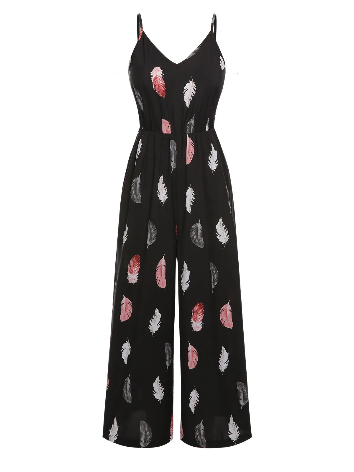 Black 1930s Feather Print Spaghetti Strap Jumpsuit sold by Retro Stage product image thumbnail 2