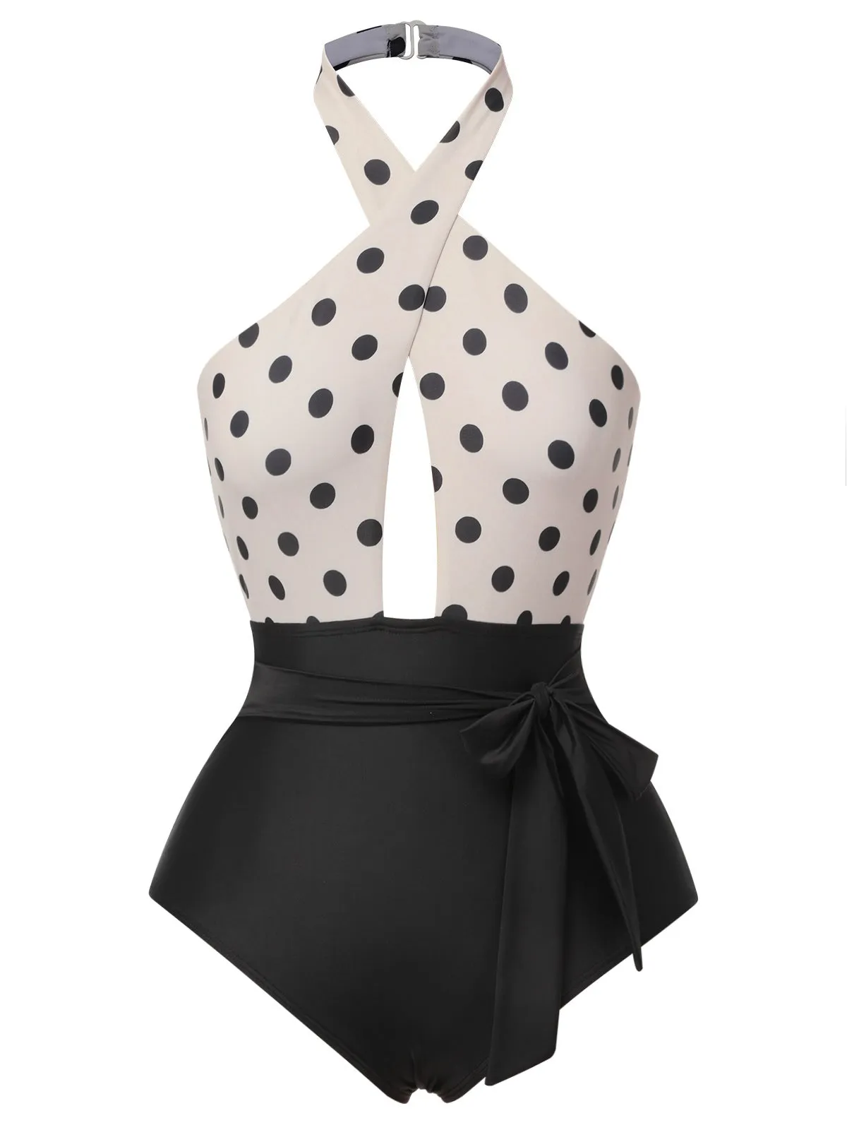 Beige 1950s Polka Dot Halter One-Piece Swimsuit sold by Retro Stage product image thumbnail 2
