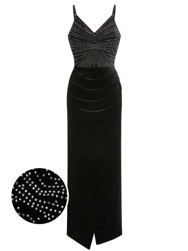 Black 1960s Spaghetti Strap Velvet Beading Dress sold by Retro Stage