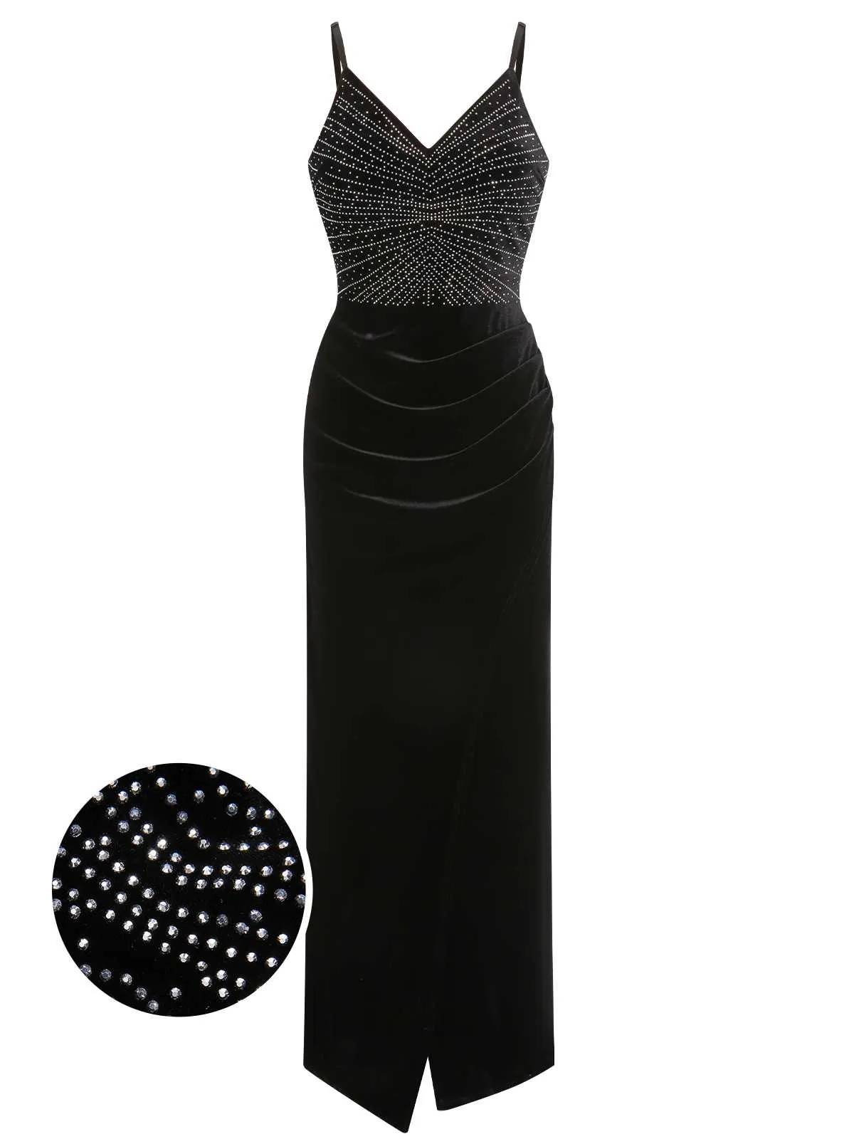 Black 1960s Spaghetti Strap Velvet Beading Dress sold by Retro Stage