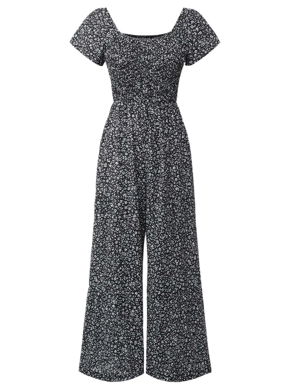 Black 1930s Square Neck Floral Jumpsuit sold by Retro Stage