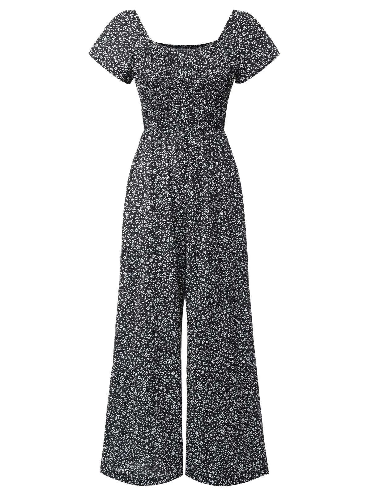 Black 1930s Square Neck Floral Jumpsuit sold by Retro Stage