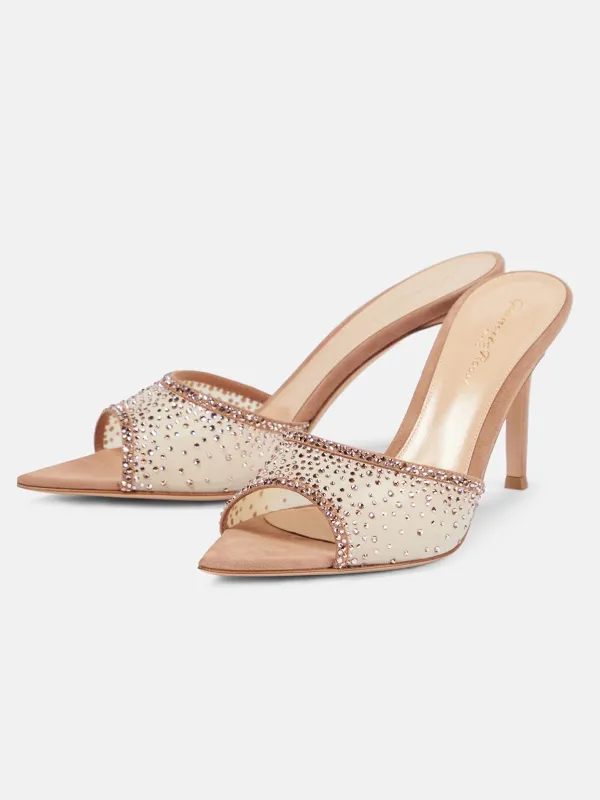 Brown Pointed Rhinestoned Stiletto Heel Slippers made by Retro Stage