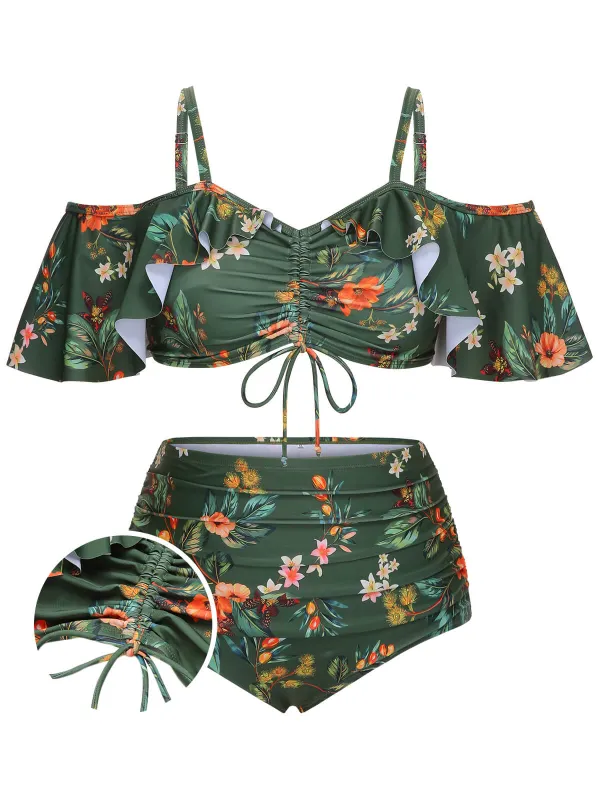 [Plus Size] Green 1950s Floral Drawstring Swimsuit Set sold by Retro Stage