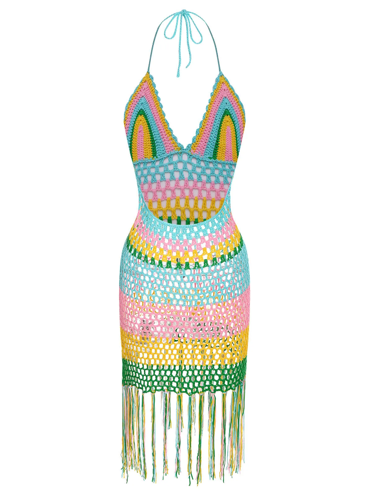 1960s Handmade Crochet Tassel Halter Cover-Up sold by Retro Stage product image thumbnail 3