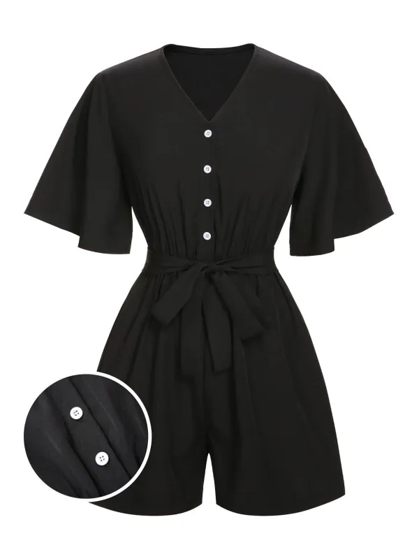 Black 1960s Solid Flare Sleeve V-Neck Romper sold by Retro Stage