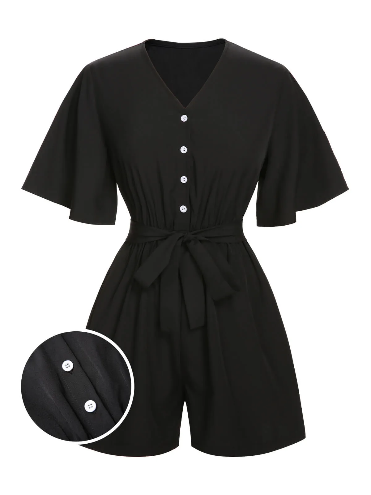 Black 1960s Solid Flare Sleeve V-Neck Romper sold by Retro Stage
