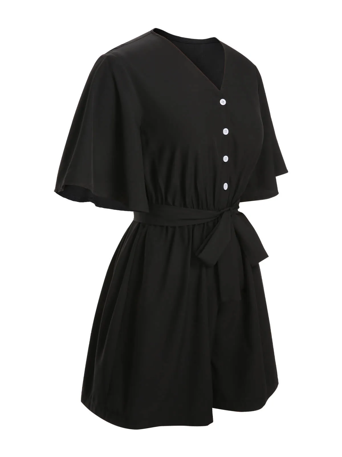 Black 1960s Solid Flare Sleeve V-Neck Romper sold by Retro Stage product image thumbnail 3