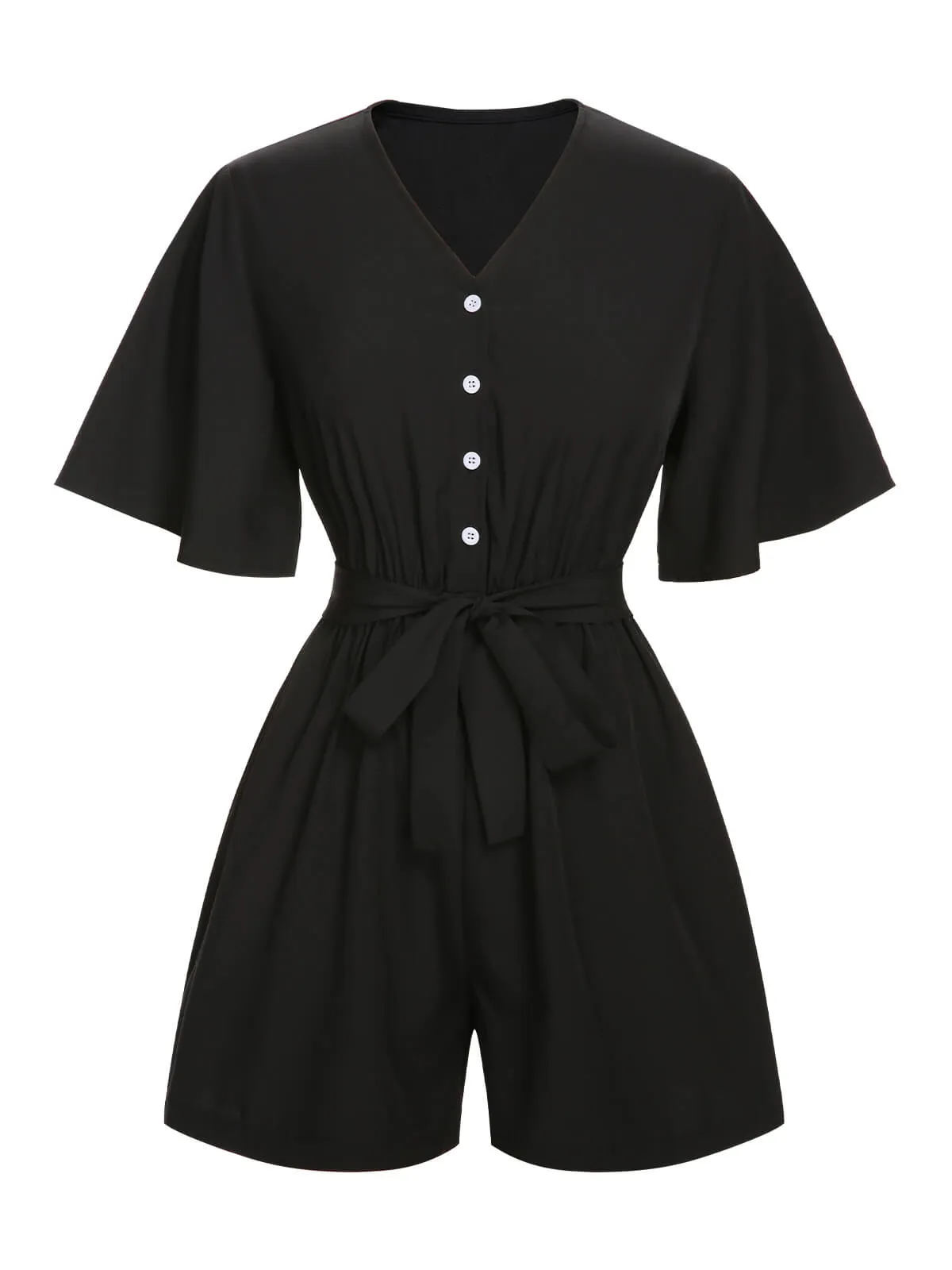 Black 1960s Solid Flare Sleeve V-Neck Romper sold by Retro Stage product image thumbnail 2