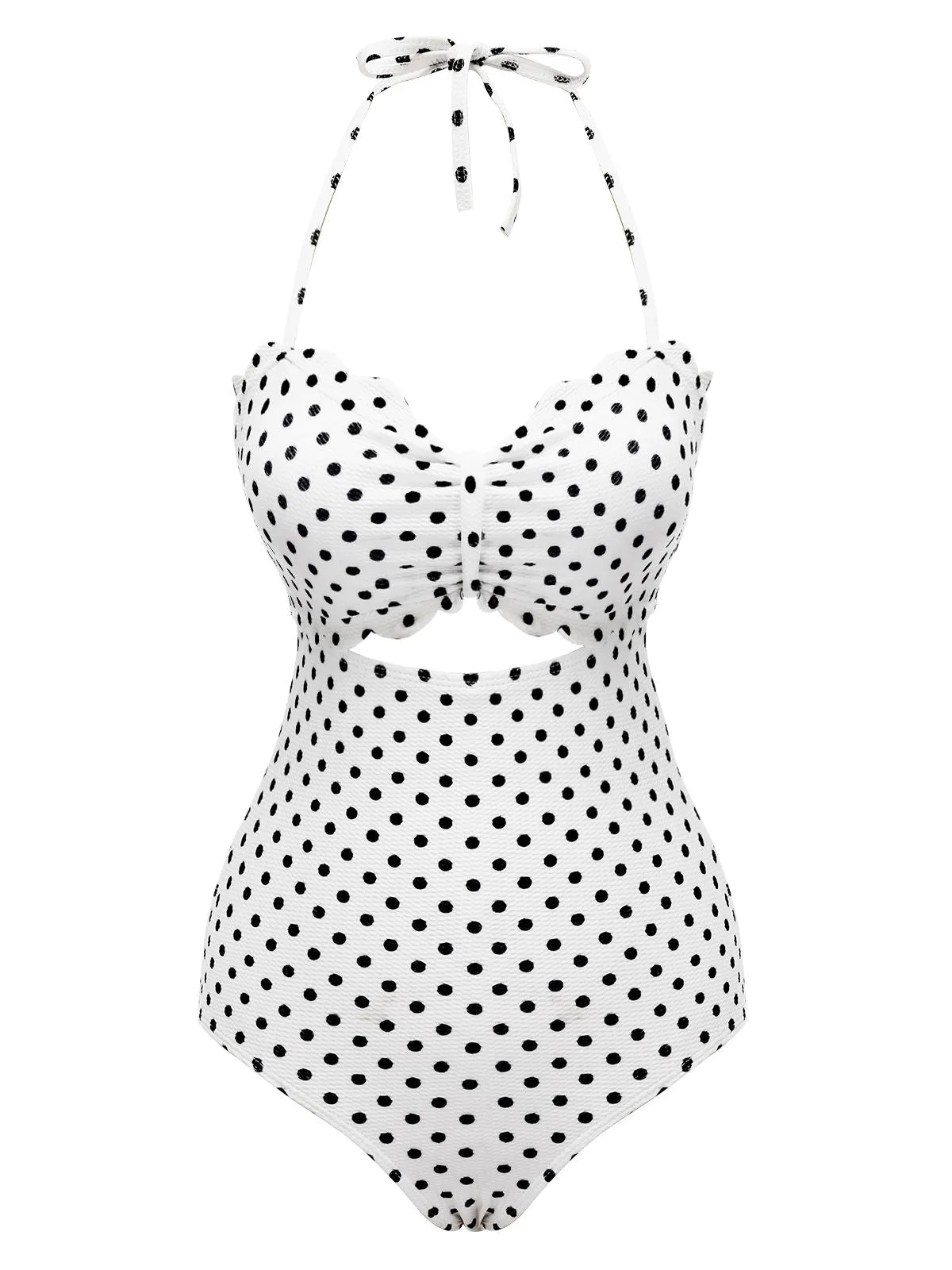 White 1940s Polka Dot Lace Up Halter Swimsuit sold by Retro Stage