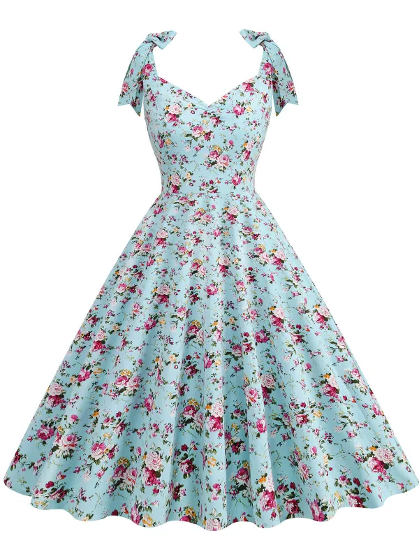 1950s Floral Lace-Up Shoulder V-Neck Swing Dress sold by Retro Stage
