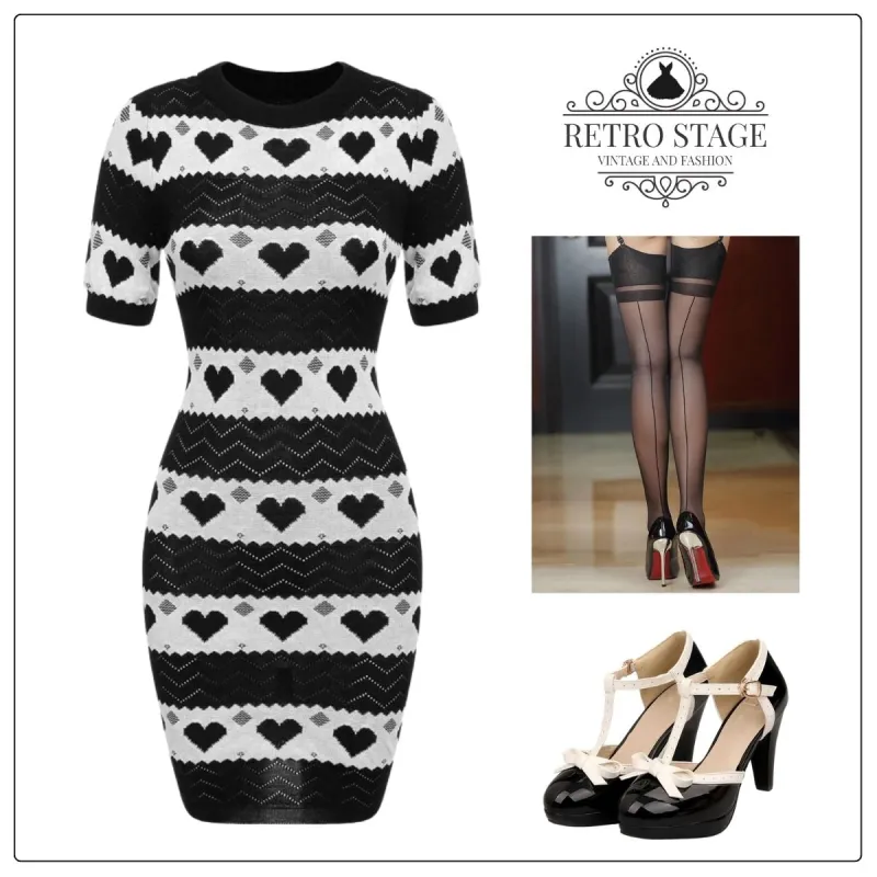 Black 1960s Contrasting Heart Knitting Dress sold by Retro Stage