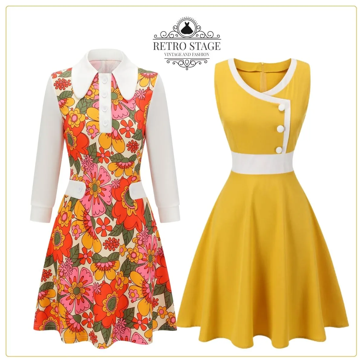 Orange 1960s Lapel Flowers Patchwork Dress sold by Retro Stage