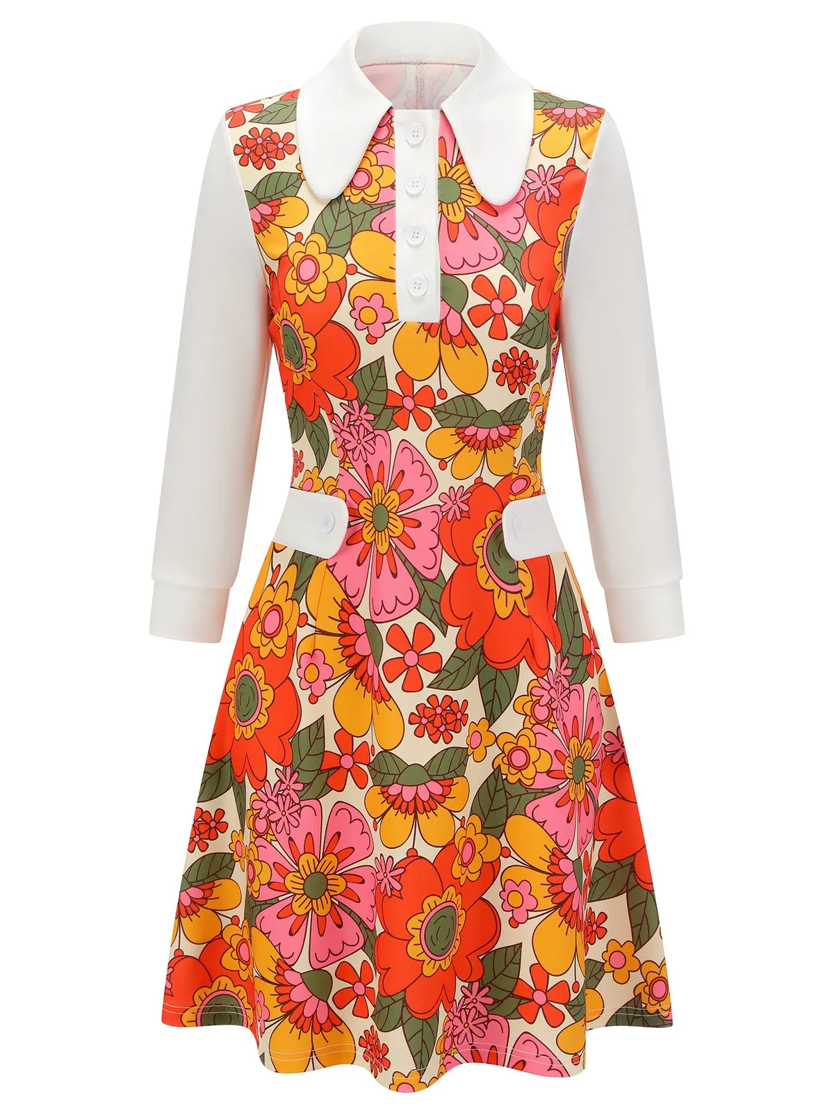 Orange 1960s Lapel Flowers Patchwork Dress sold by Retro Stage product image thumbnail 3