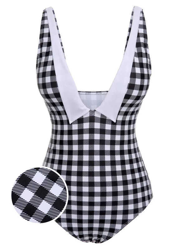 Black & White 1950s Plaid One-Piece Swimsuit sold by Retro Stage