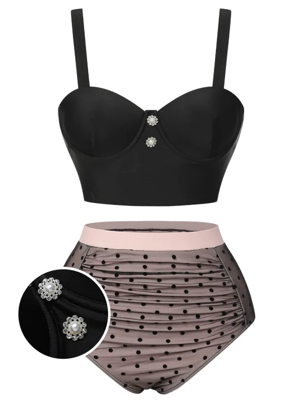 Black 1960s Polka Dots Mesh Swimsuit sold by Retro Stage