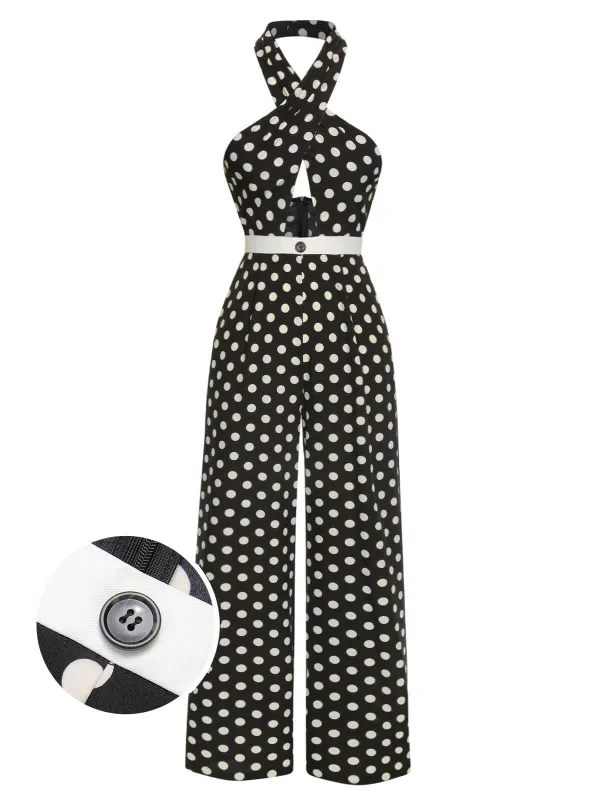 Black 1940s Polka Dots Cross Halter Jumpsuit sold by Retro Stage