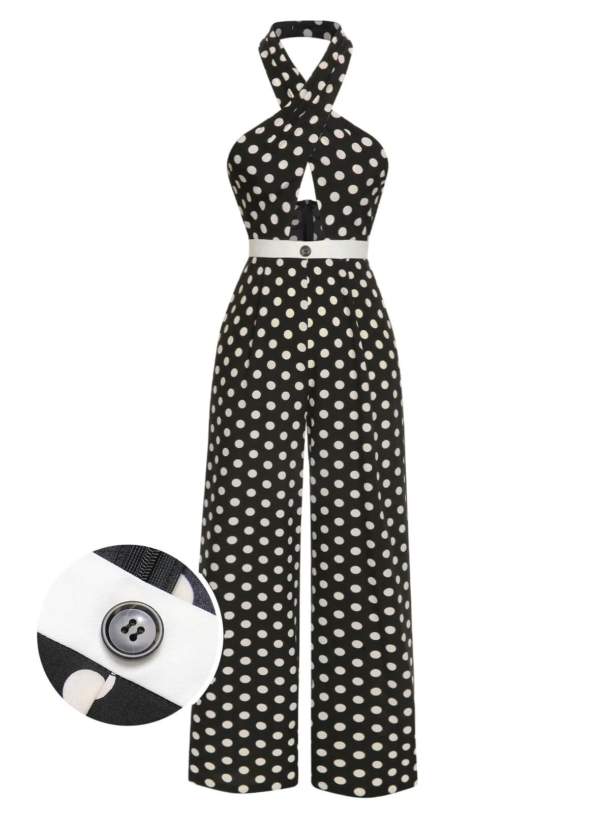 Black 1940s Polka Dots Cross Halter Jumpsuit sold by Retro Stage