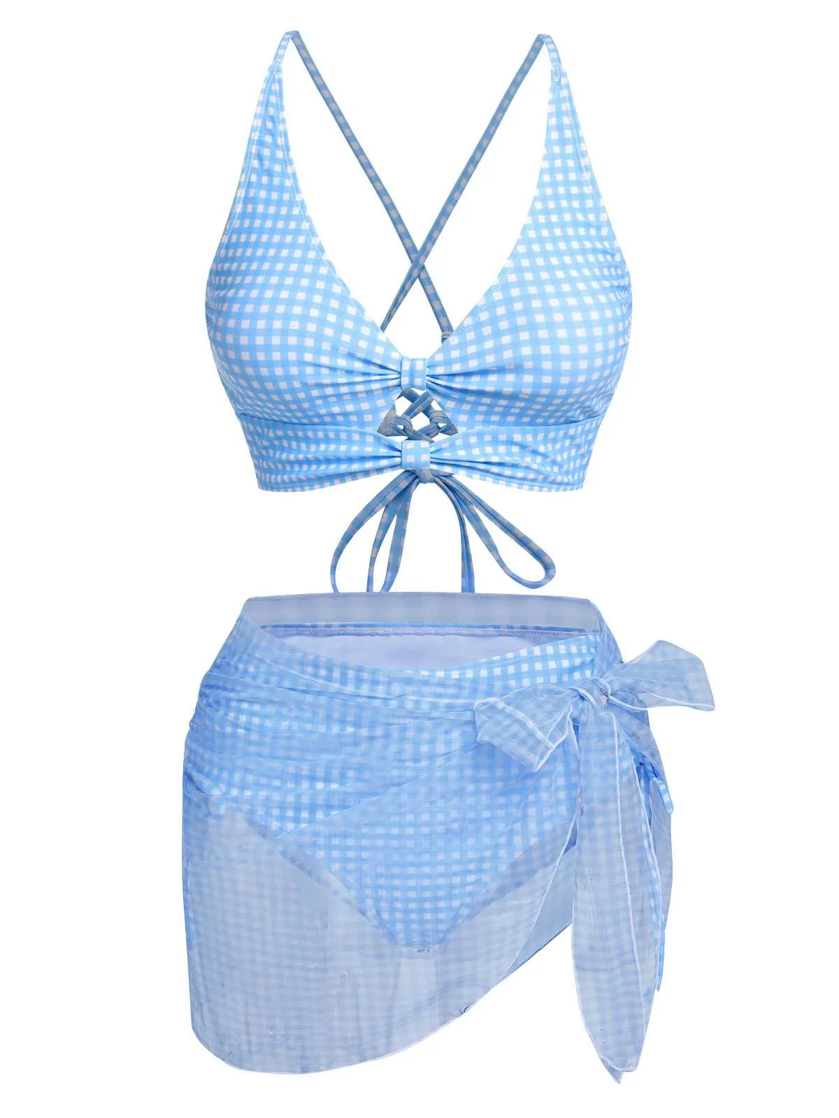 2PCS Blue 1950s Plaids Swimsuit & Mesh Cover-Up sold by Retro Stage product image thumbnail 2