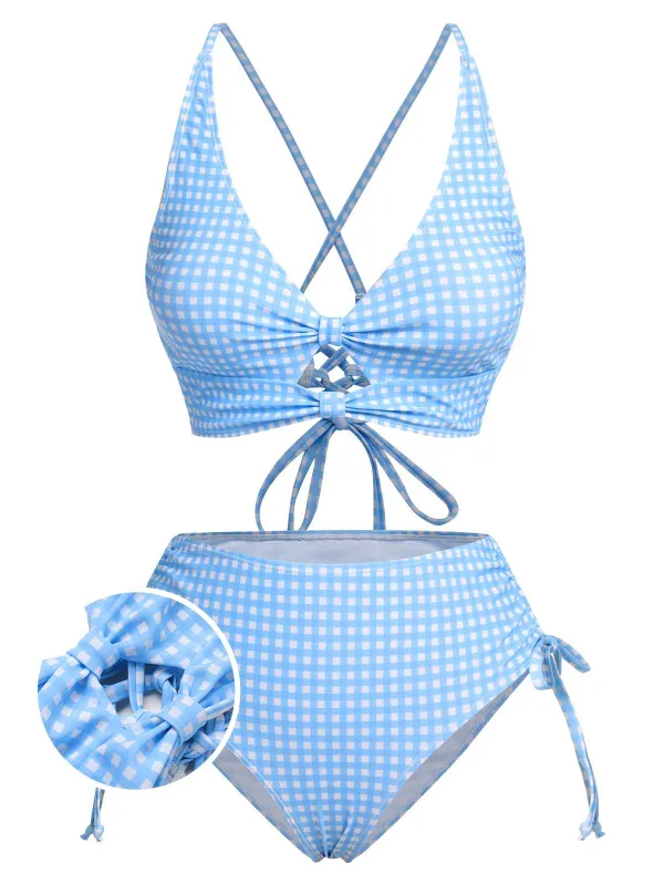 Blue 1950s Spaghetti Strap Plaids Swimsuit sold by Retro Stage