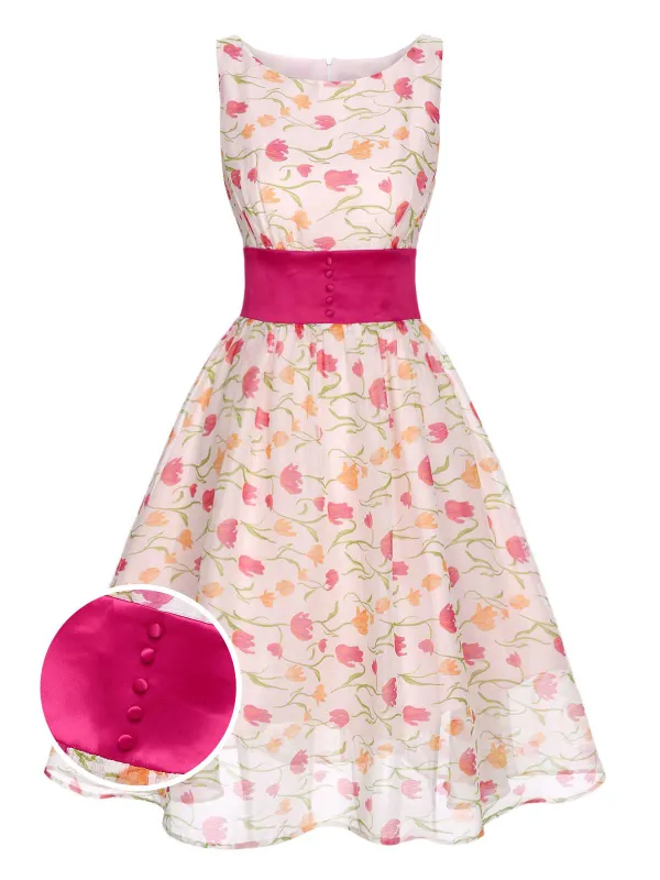 1950s Boat Neck Tulip Button Sleeveless Dress sold by Retro Stage