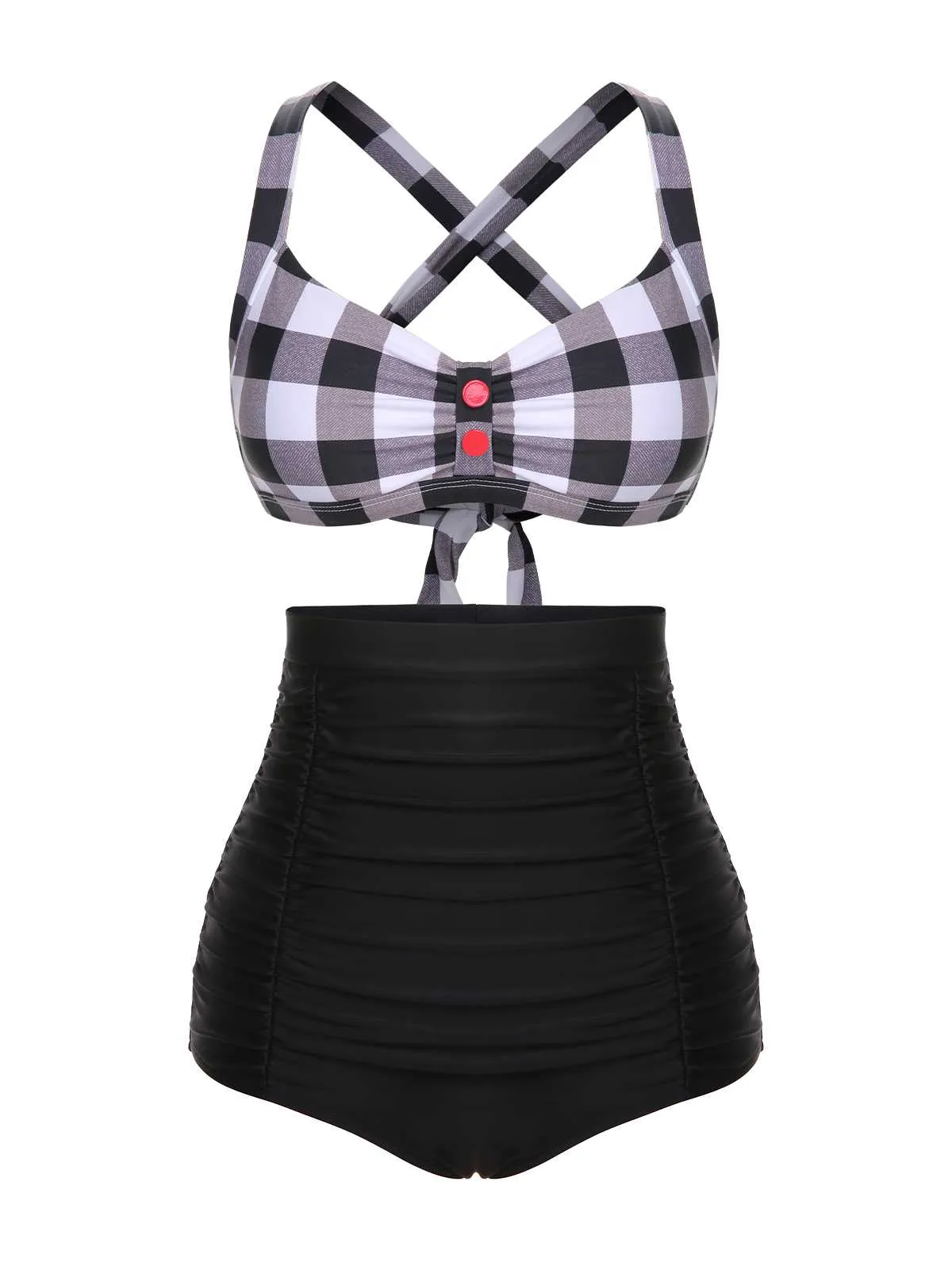 1950s Double Strap Buttoned Plaids Swimsuit sold by Retro Stage product image thumbnail 2