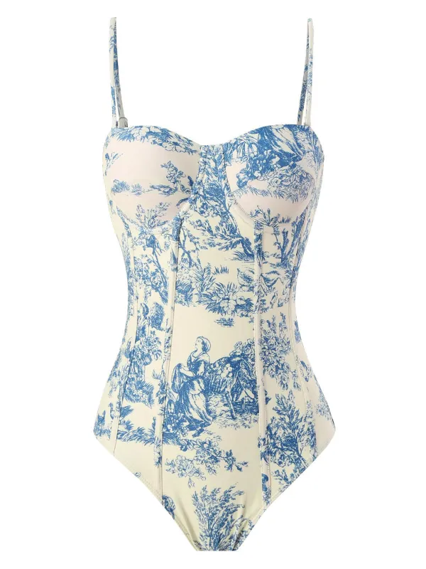 1960s Ink Floral Spaghetti Strap One-Piece Swimsuit sold by Retro Stage
