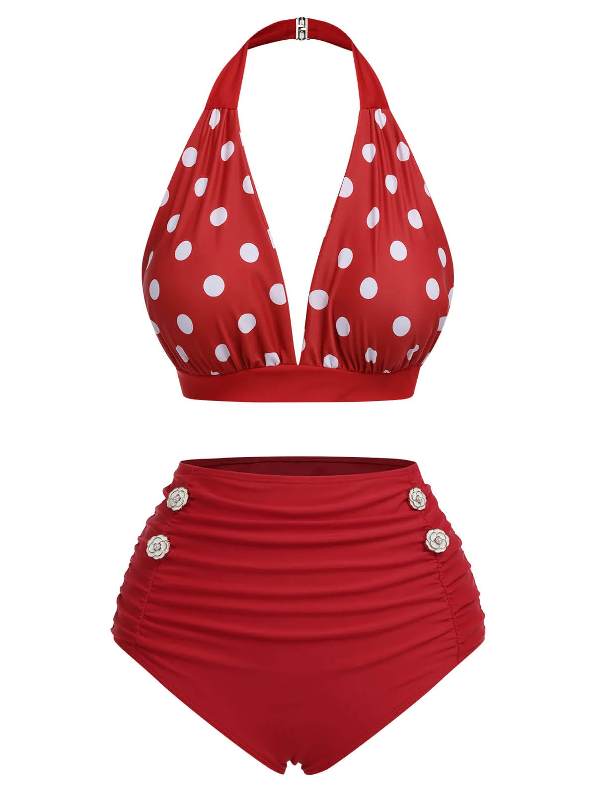 Red 1950s Polka Dot Halter Separate Swimsuit sold by Retro Stage product image thumbnail 2