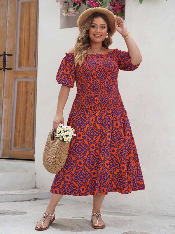 [Plus Size] Red 1940s Off-Shoulder Printed Dress sold by Retro Stage