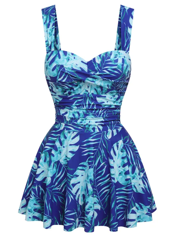 Royal Blue 1960s Tropical Plants Swimsuit Set sold by Retro Stage