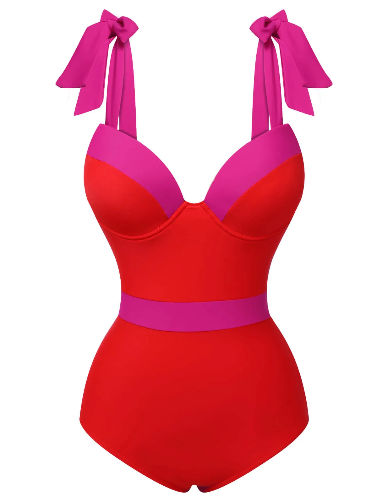 Red 1950s Colorblock Shoulder Tie-Up Swimsuit sold by Retro Stage