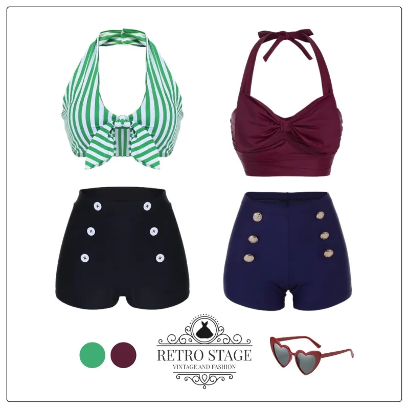 Wine Red 1950s Bow Halter Bikini Set sold by Retro Stage