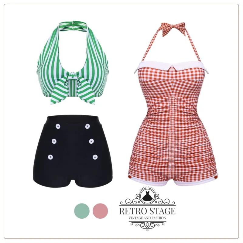 Gingham 1950s Halter Bowknot One-piece Swimsuit sold by Retro Stage