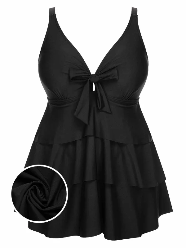[Plus Size] 1950s Solid Front Tie Ruffle Swimsuit sold by Retro Stage