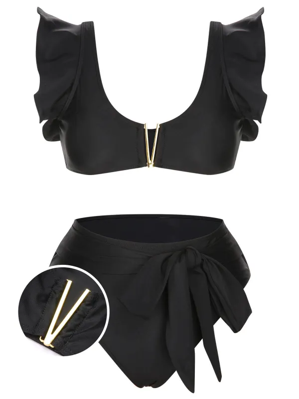 Black 1950s Ruffle Sleeve Split Swimsuit sold by Retro Stage