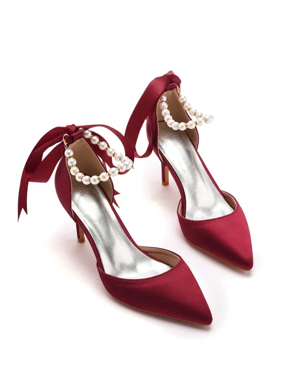Solid Color Pearl Satin Pointed Toe Heels sold by Retro Stage