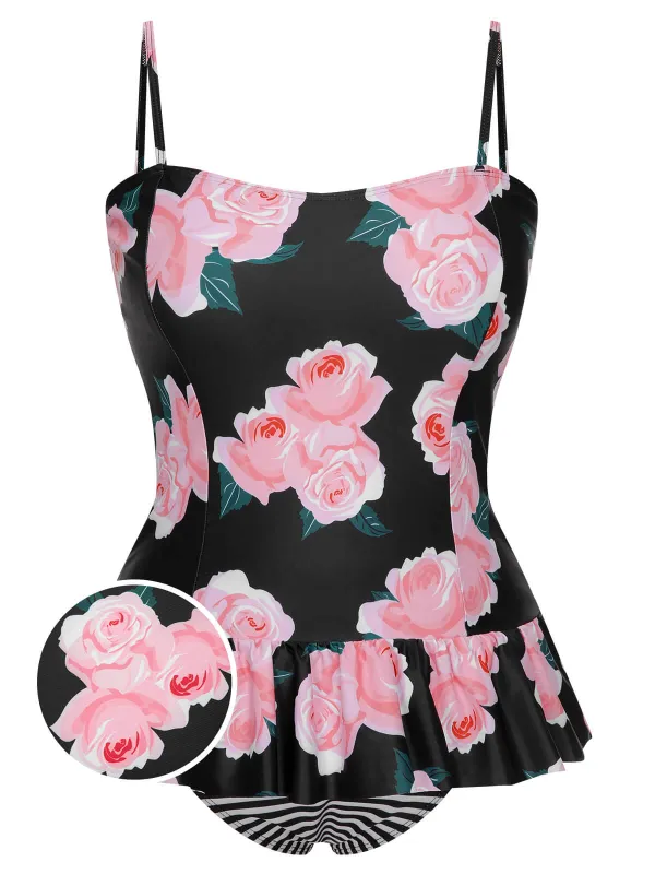 [Plus Size] Multicolor 1930s Ruffled Hem Printed Swimsuit sold by Retro Stage