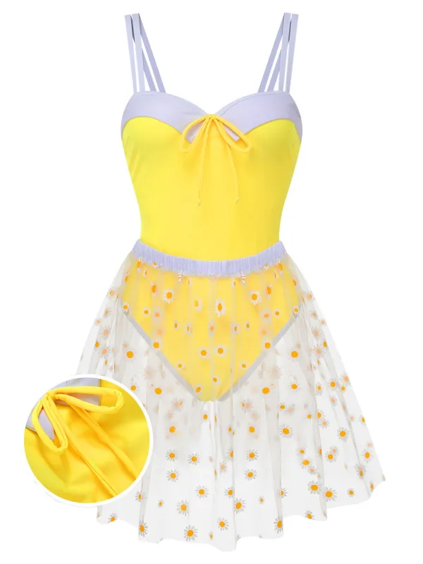 Yellow 1950s Suspender Swimsuit & Daisy Cover-Up sold by Retro Stage