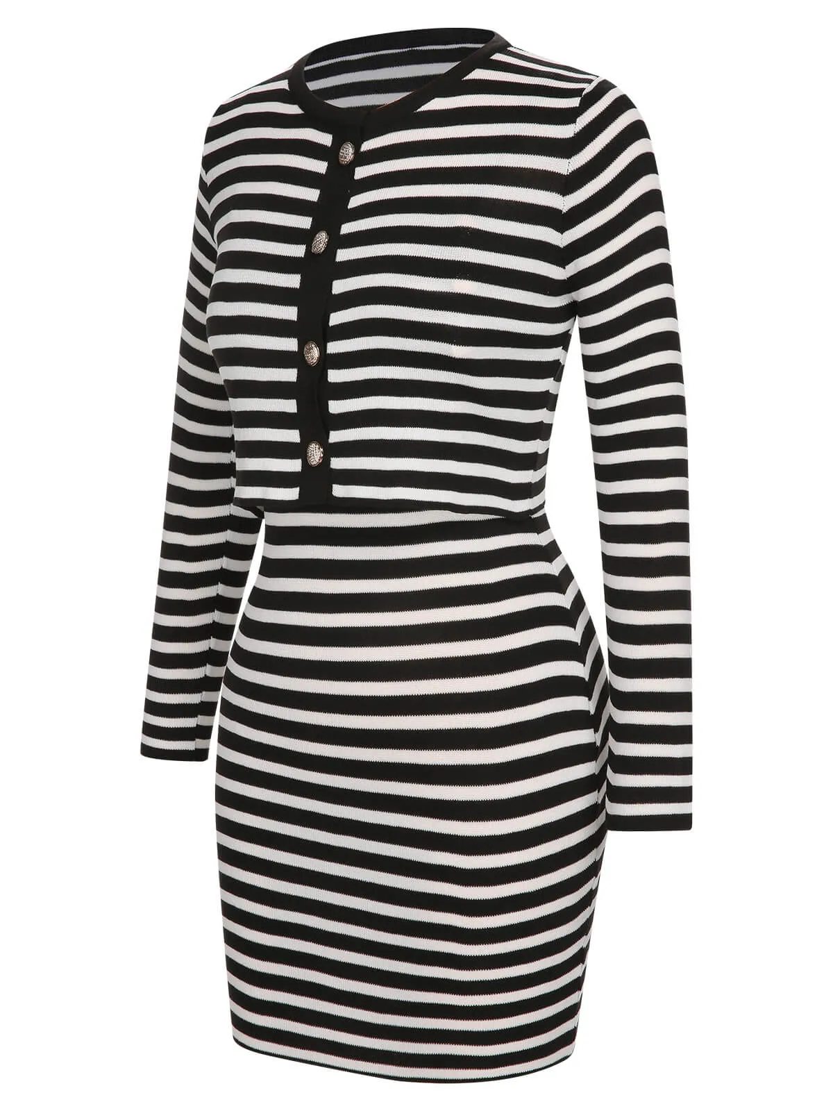 2PCS 1960s Black White Striped Knit Strap Dress & Cardigan sold by Retro Stage product image thumbnail 2
