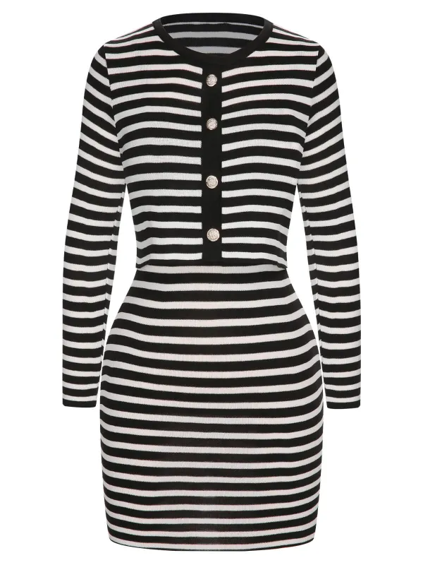 2PCS 1960s Black White Striped Knit Strap Dress & Cardigan sold by Retro Stage