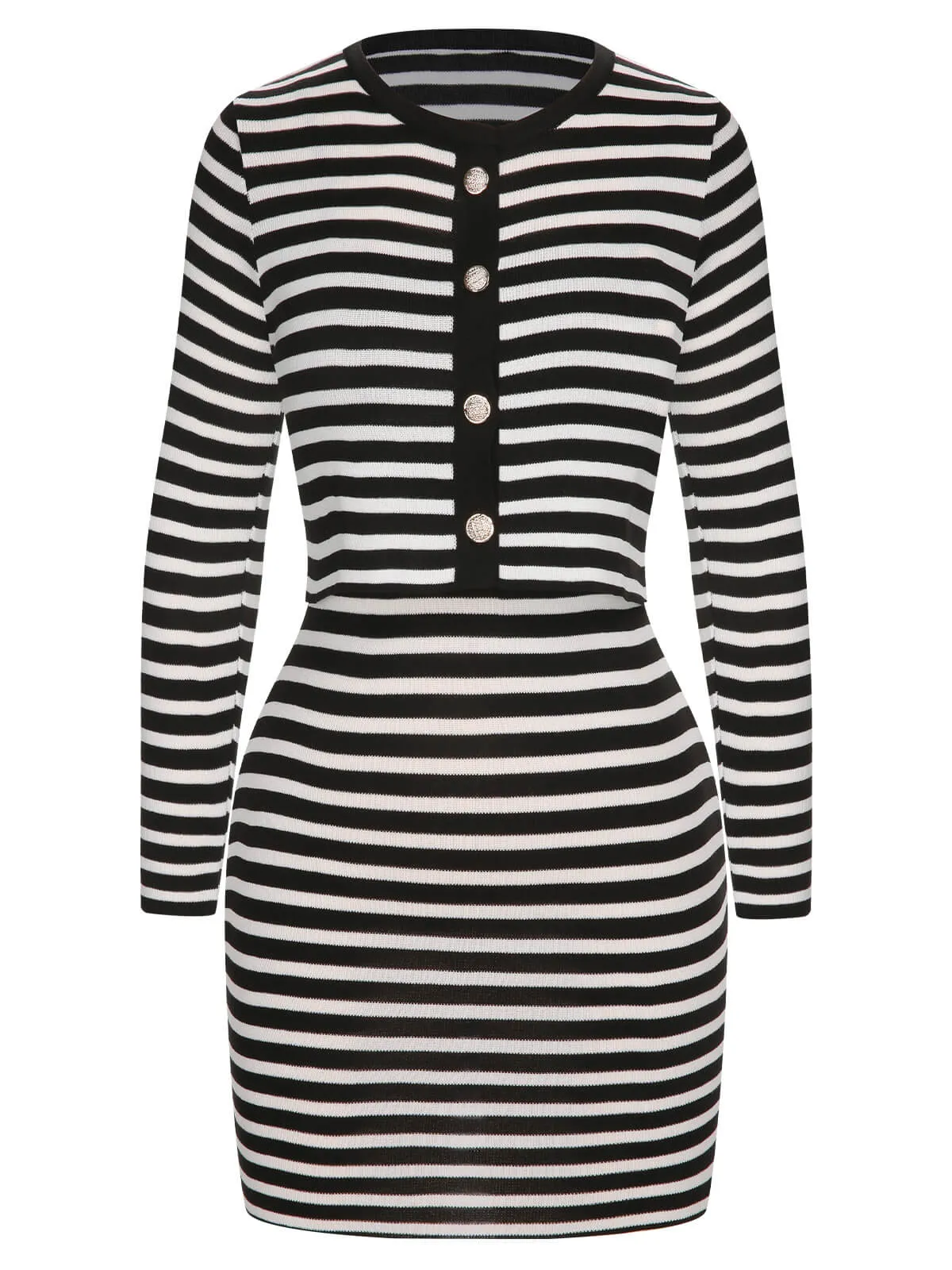 2PCS 1960s Black White Striped Knit Strap Dress & Cardigan sold by Retro Stage