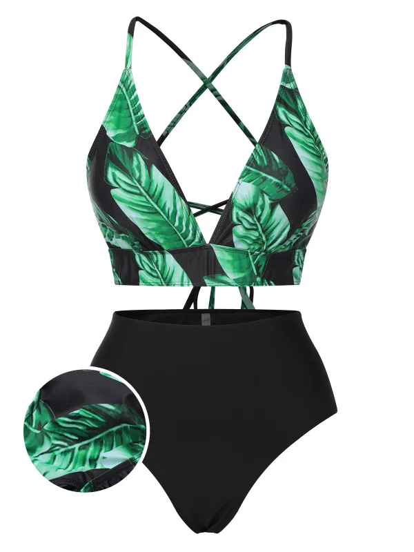 [Plus Size] 1930s Green Leaves V-Neck Strap Bikini Set sold by Retro Stage
