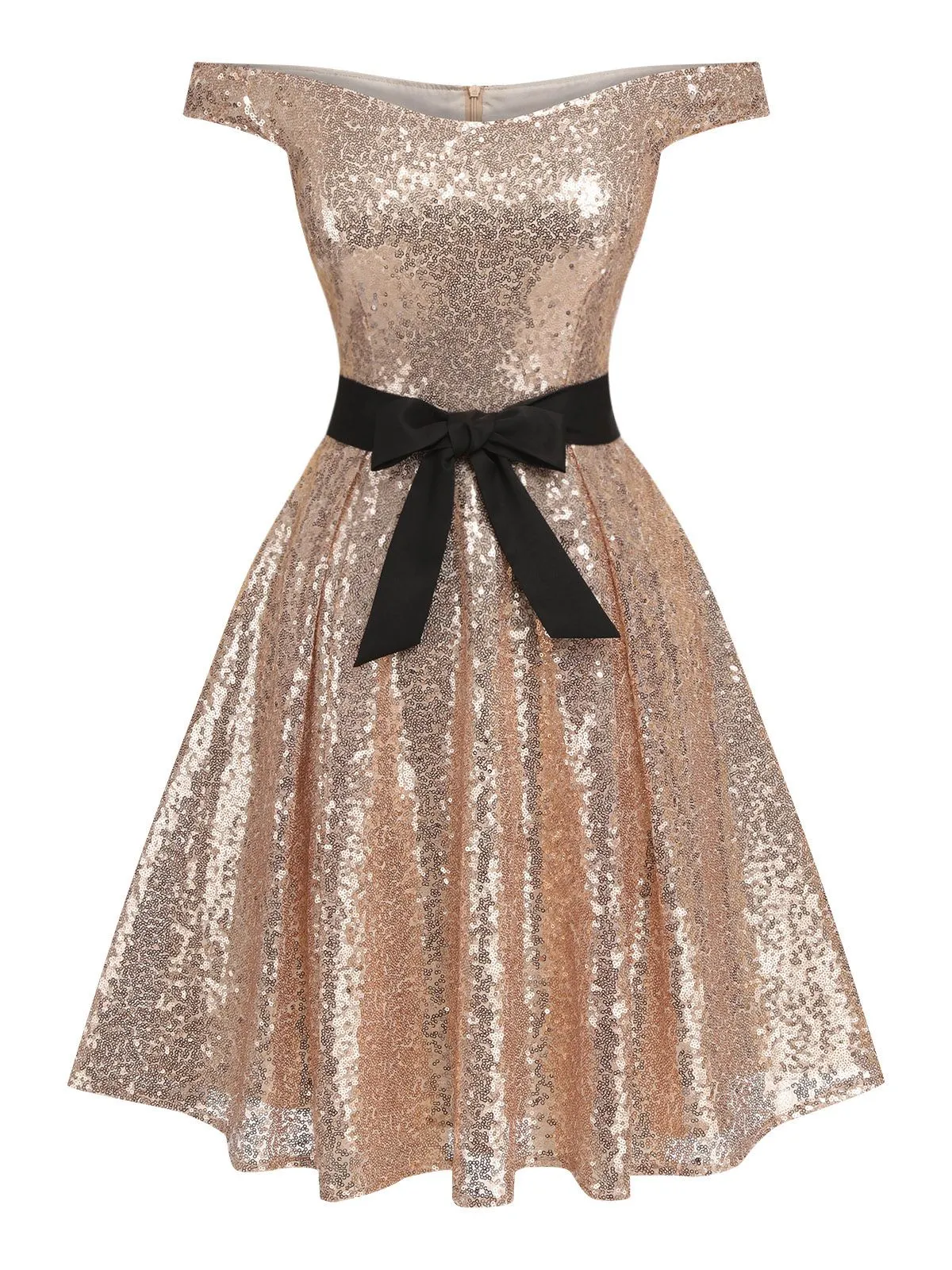 Champagne 1950s Sequined Off-shoulder Dress sold by Retro Stage product image thumbnail 2