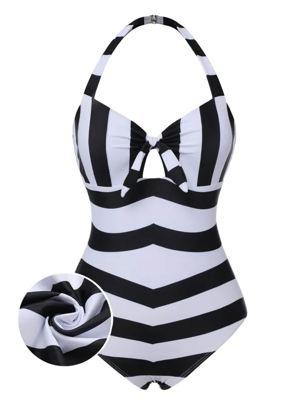 Black & White 1950s Barbie Stripes Halter Swimsuit sold by Retro Stage