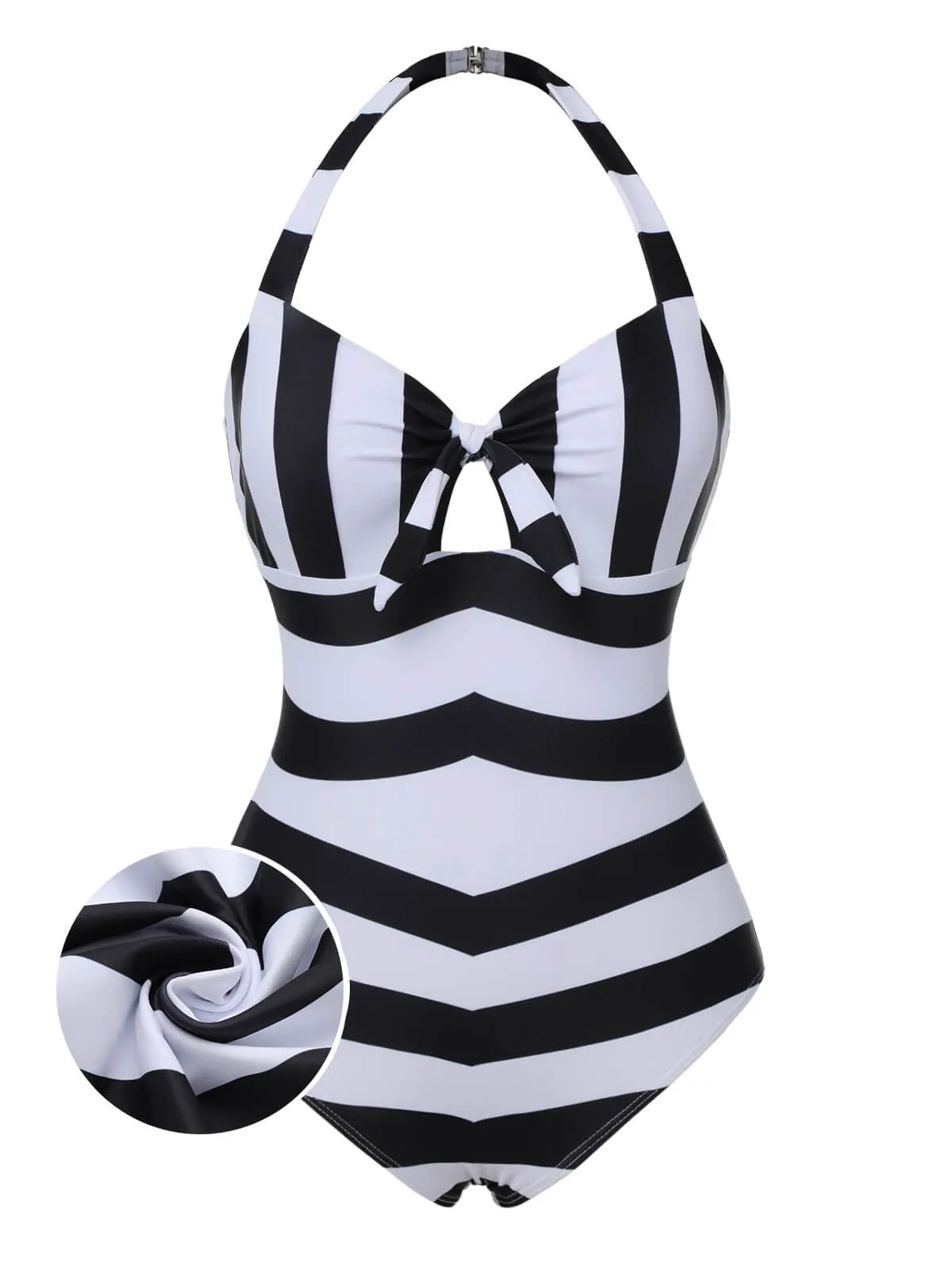 Black & White 1950s Barbie Stripes Halter Swimsuit sold by Retro Stage