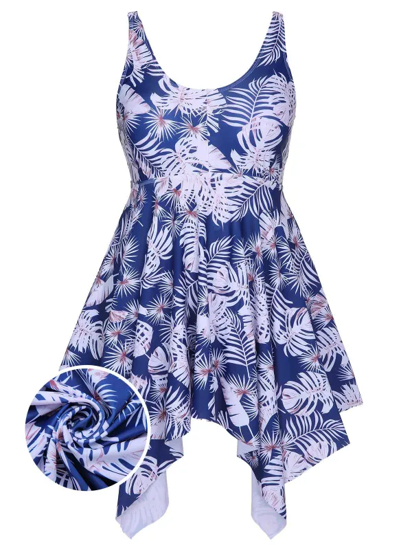 [Plus Size] Blue 1950s Leaves Spaghetti Strap Swimsuit sold by Retro Stage